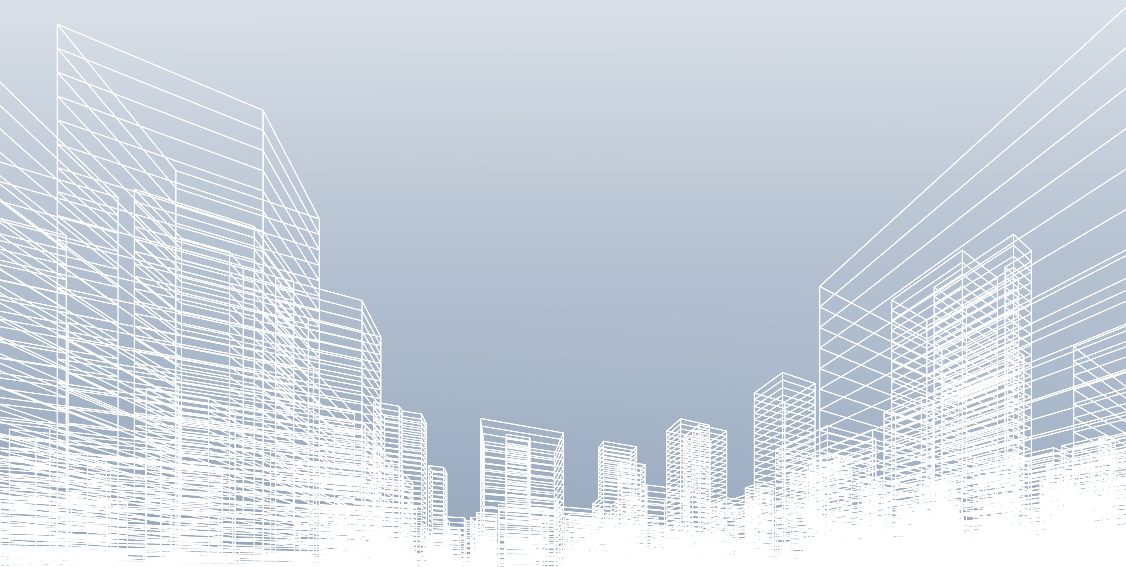 Abstract wireframe illustration of a city skyline with modern buildings against a gradient blue background.